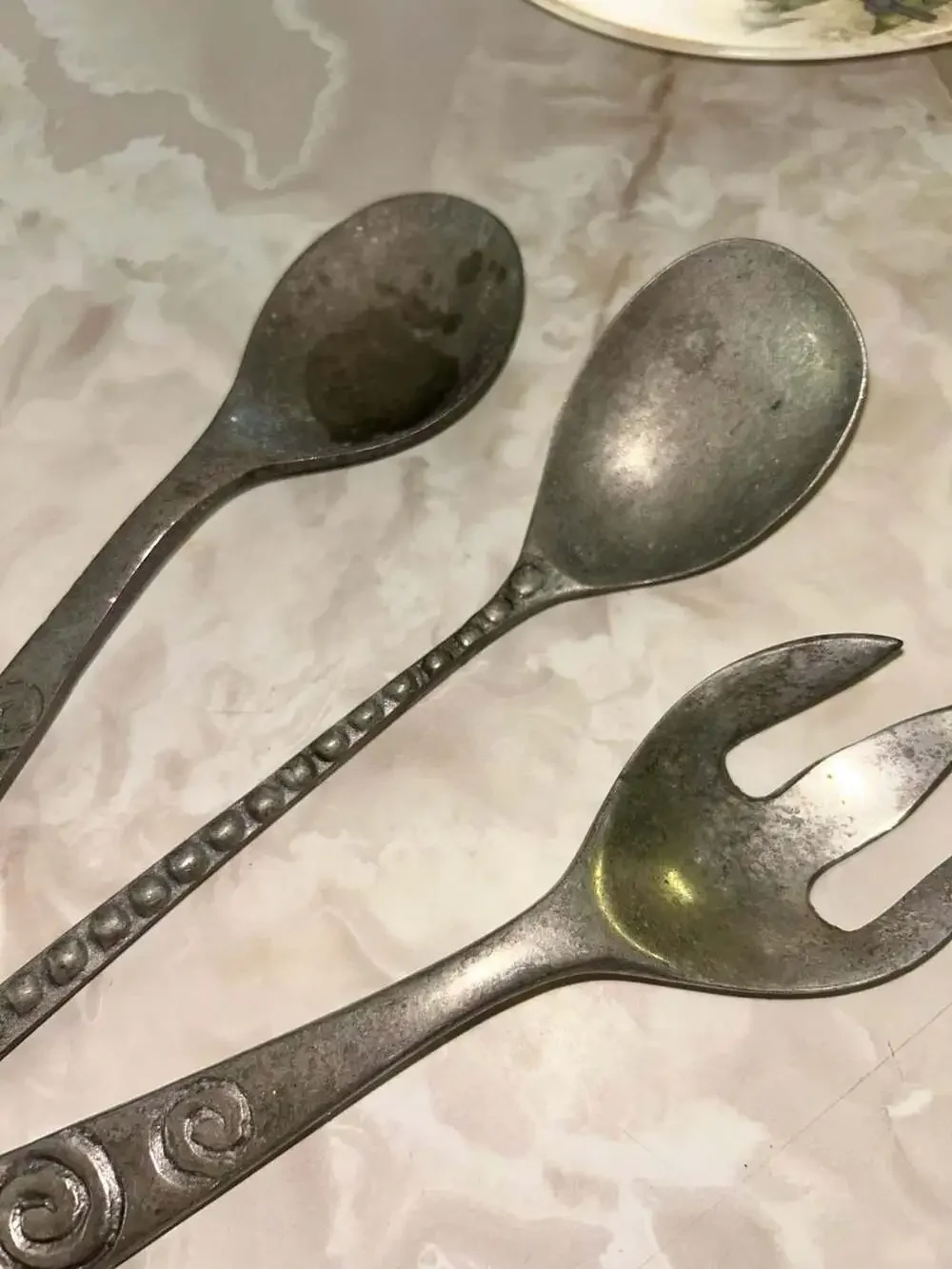 Vintage Cast Aluminum Salad Serving Set with Spiral Design and Beaded Spoon